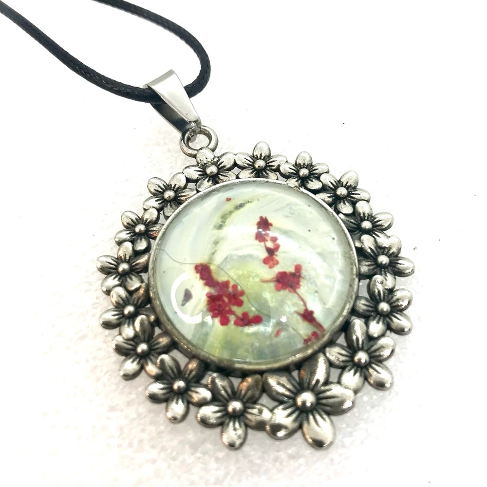 Floral Necklace Handmade large Pendant with real flowers NSN